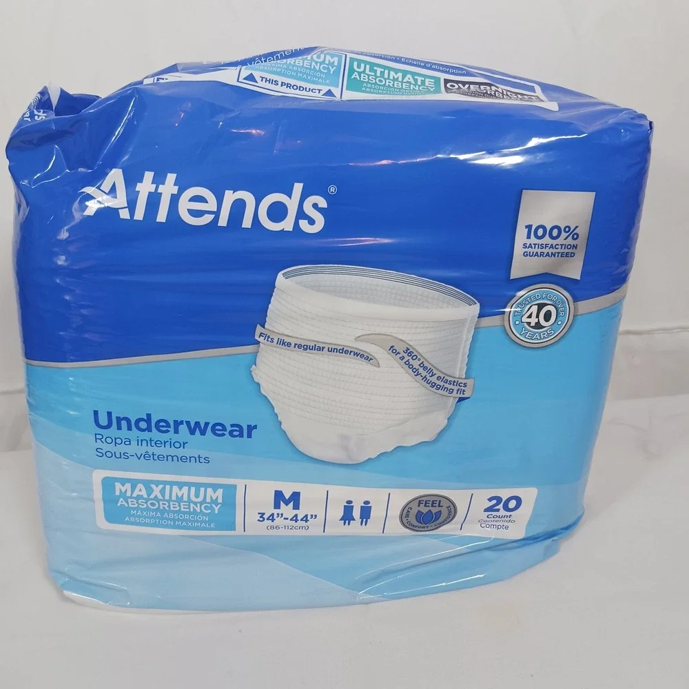 Attends Underwear Unisex Medium White New Maximum Absorbency 20 Count Overnight